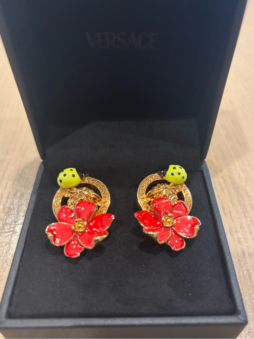 Versace Red Flower and Lime Green Accented Gold Earrings